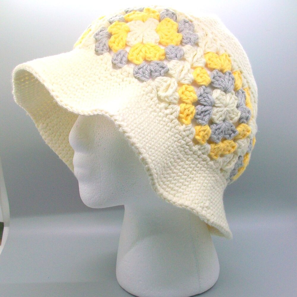 Hand Crochet Cotton Granny Square Bucket Hat Cream Yellow Gray